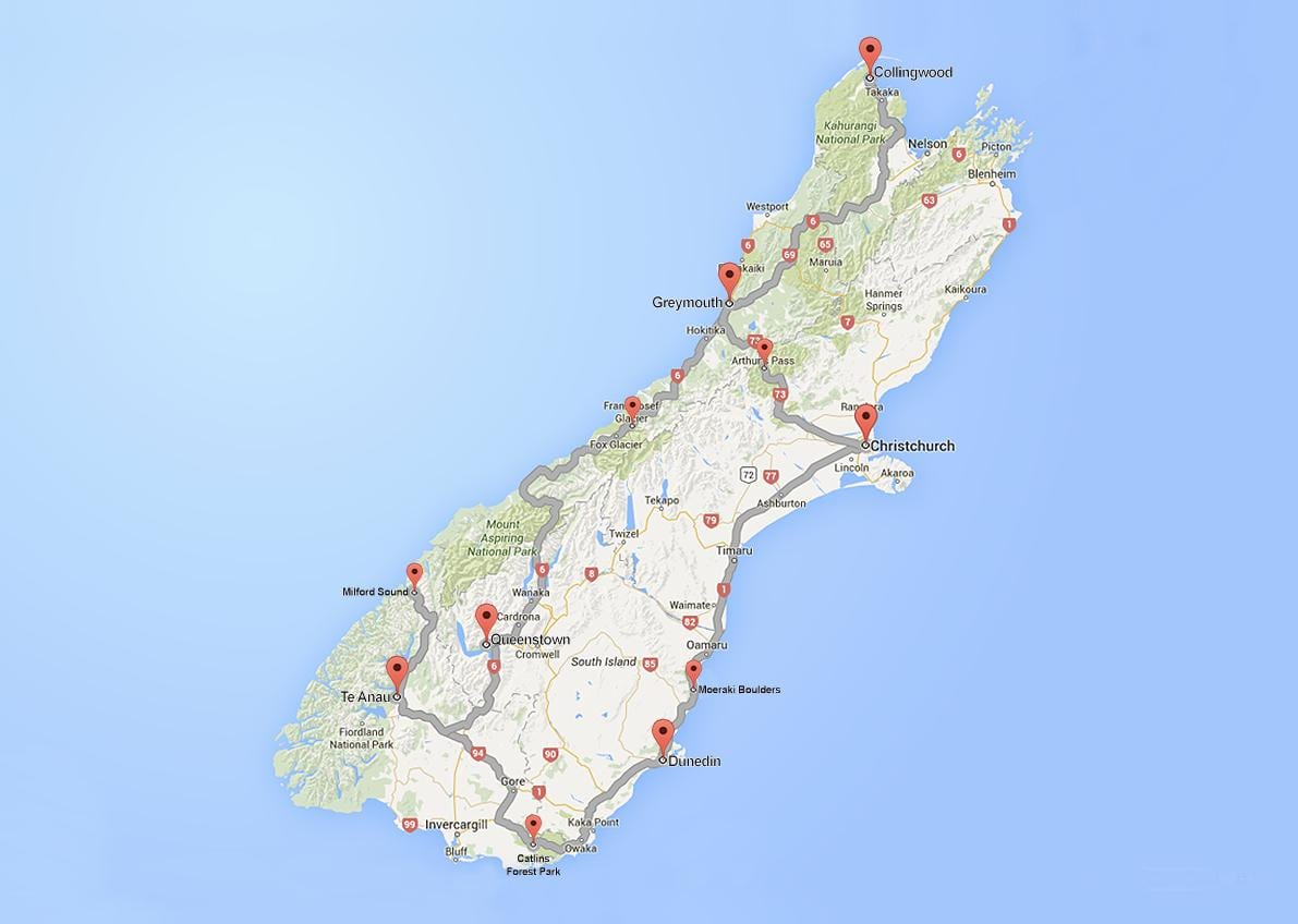 详细路线图的南部岛屿的新西兰