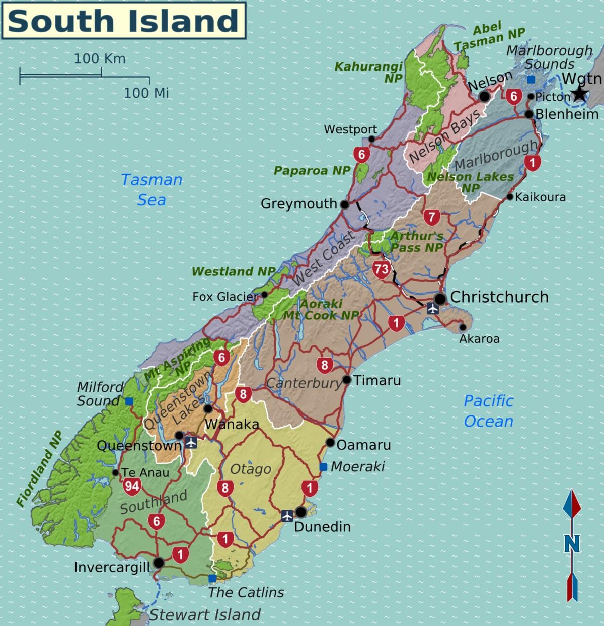 地图上的南部岛屿的新西兰地区，