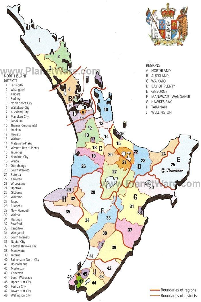 地图在新西兰北岛地区和地区